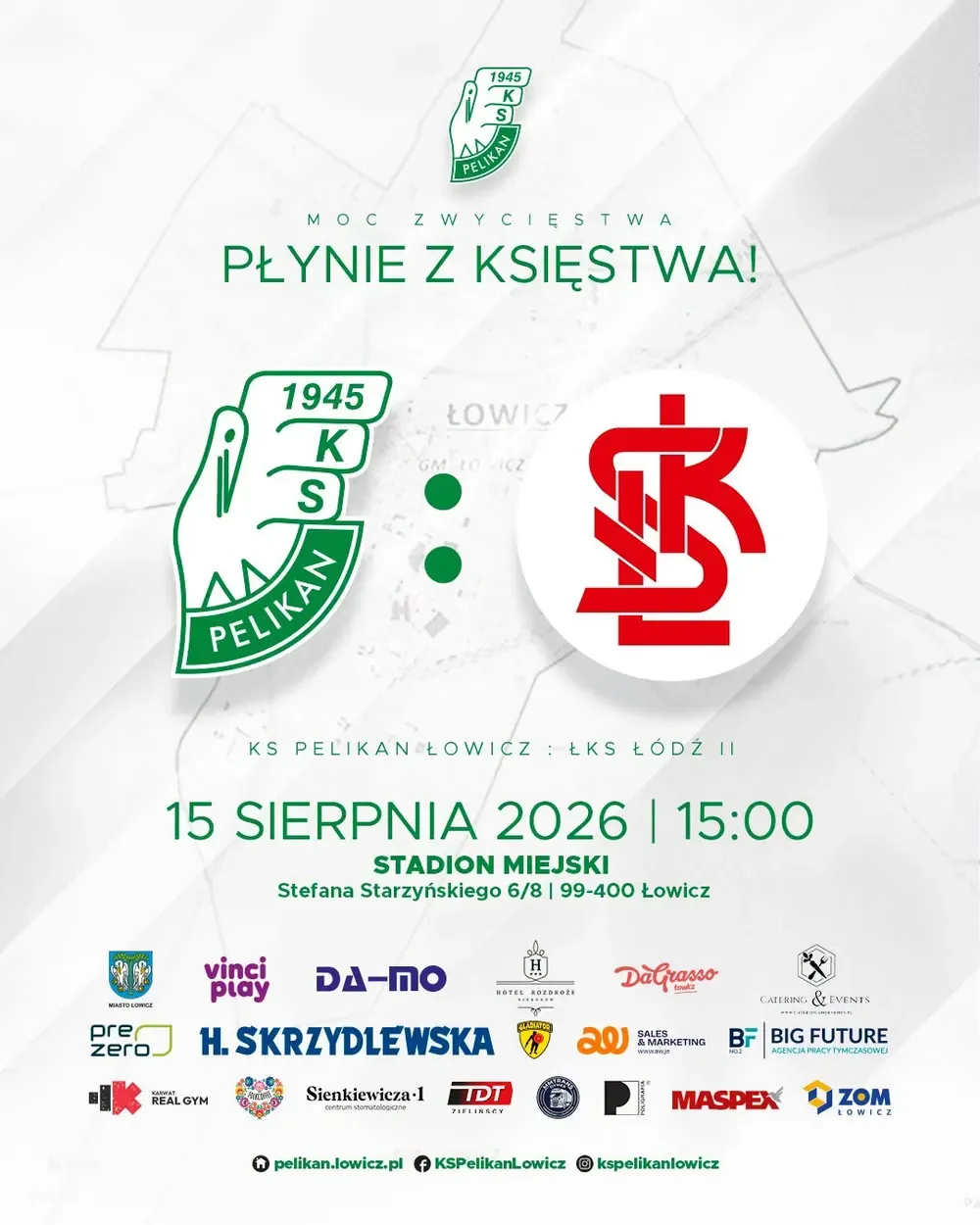 Plakat zapowiada ligowy mecz Pelikana Łowicz z ŁKS II Łódź.