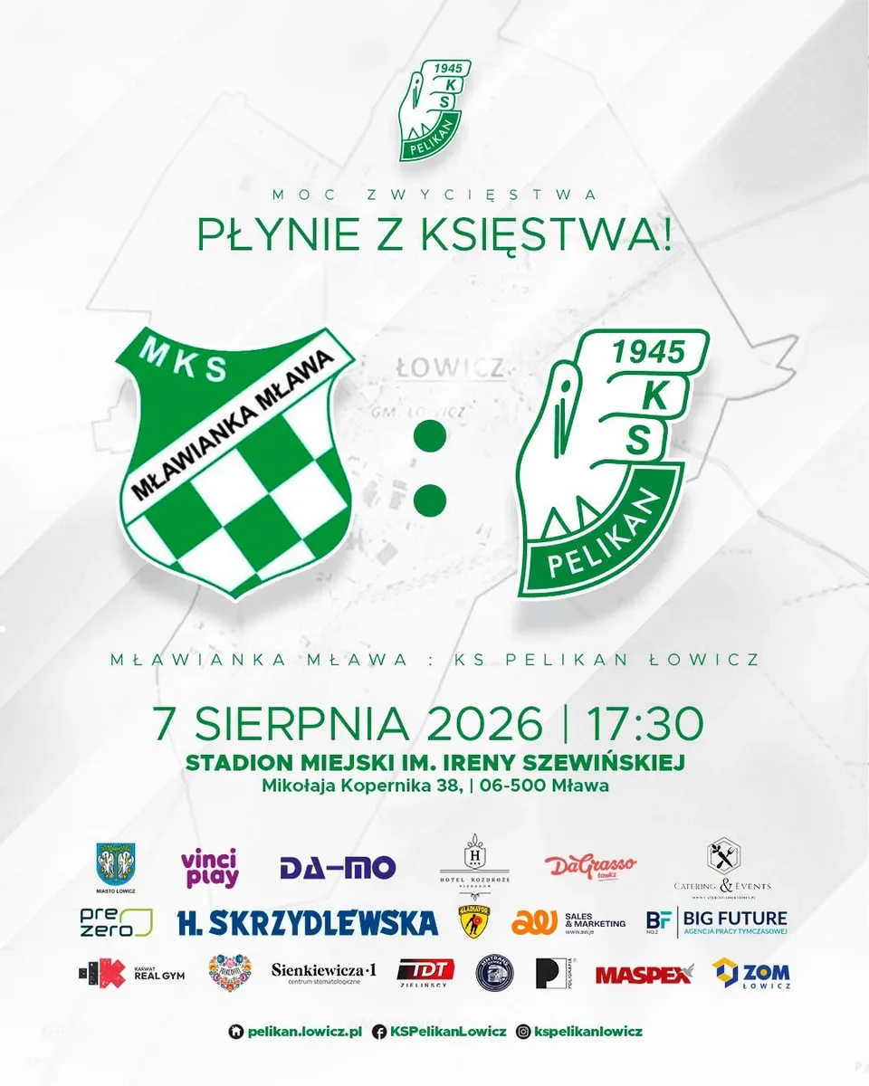 Mławianka — Pelikan Plakat z herbami klubów zapowiada mecz Mławianki Mława z Pelikanem Łowicz.